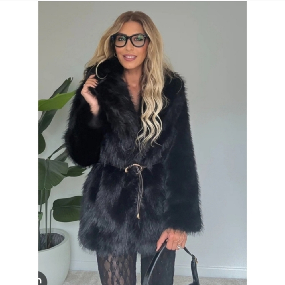 Zara Faux Fur Belted Coat Black